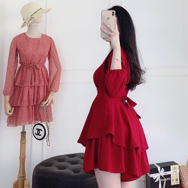 Đầm đỏ 2 tầng cột eo