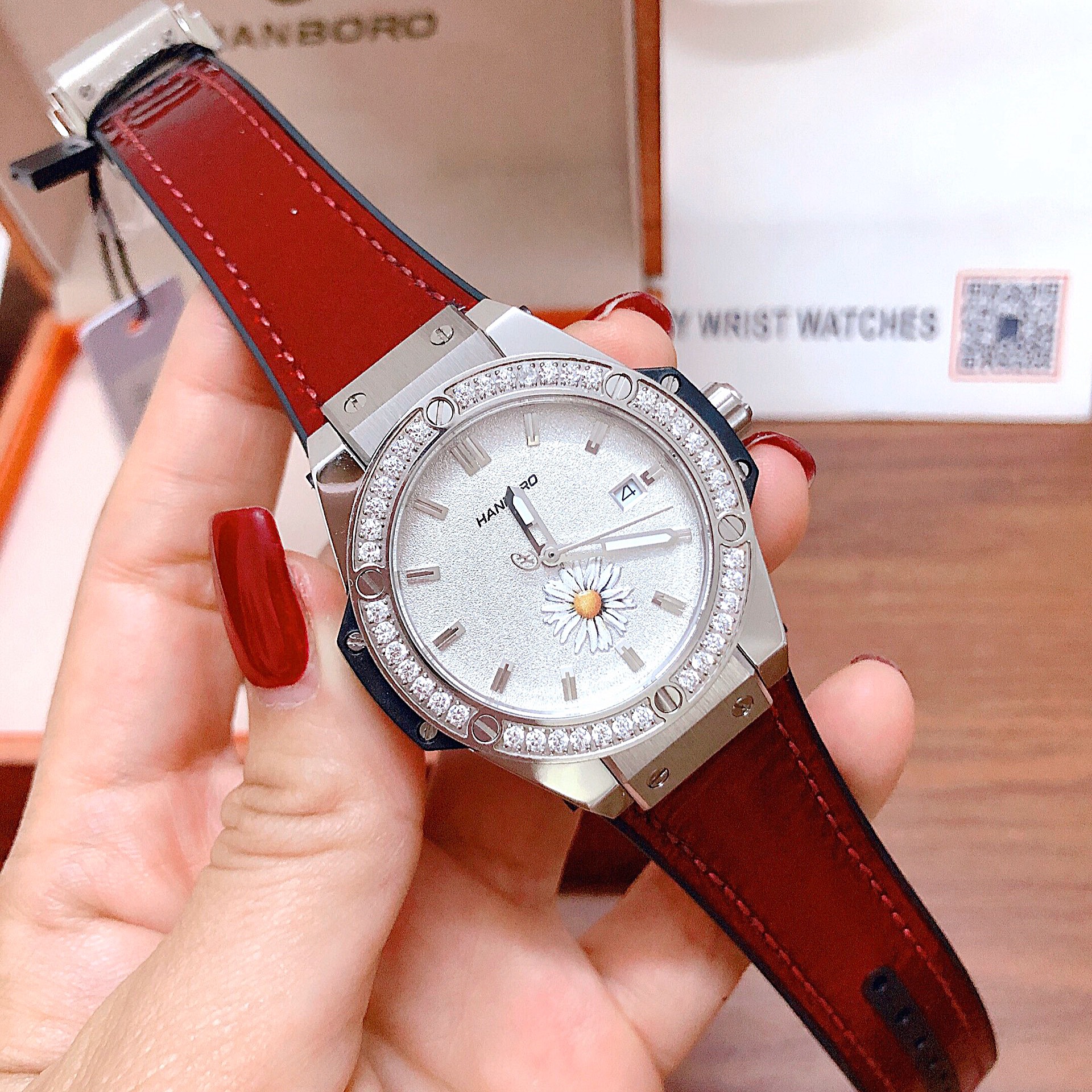 [HCM]Đồng Hồ Hanboro By Huboler Nữ Dây Da Silicon Nâu 36mm Silver