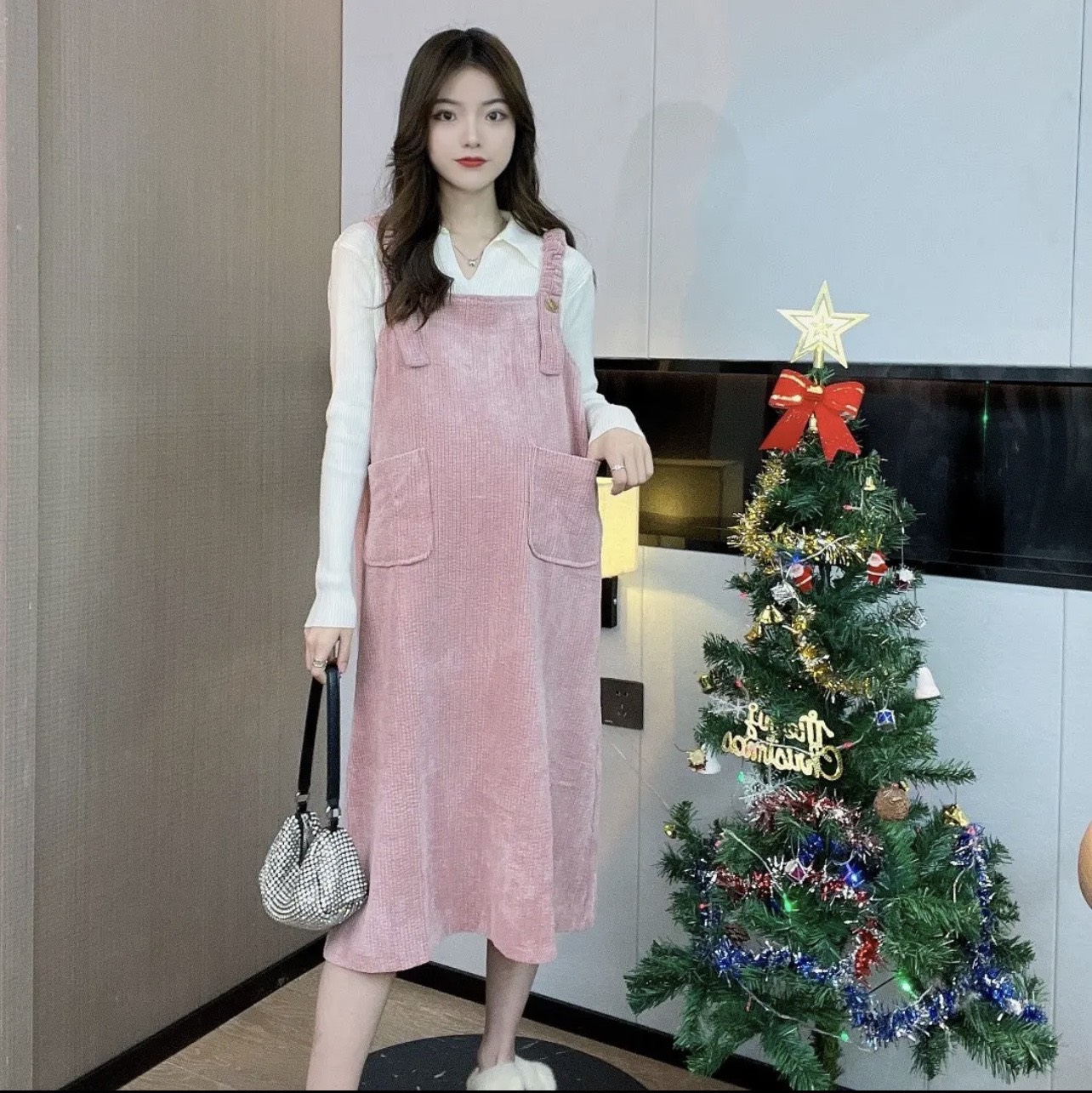 Yếm bầu công sở thu đông đầm bầu thiết kế nhung tăm