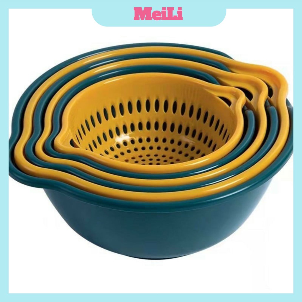 Set 6 món rổ kèm chậu bộ 3 rổ và chậu, thau nhựa rửa rau củ đựng hoa quả trái cây 2 lớp hình tròn chất liệu nhựa PP