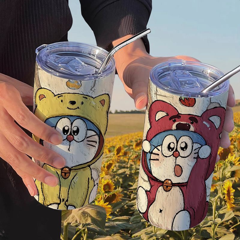 Ly giữ nhiệt Doraemon Gấu dâu Lotso inox 304 an toàn chống gỉ cao cấp, Bình giữ nhiệt inox 304 gấu dâu Doremon tặng kèm ống hút cao cấp