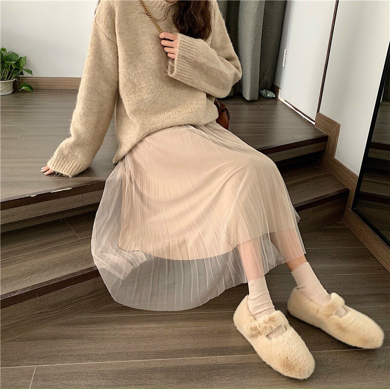 Chân váy Nhung lưới xếp ly mặc 2 mặt
