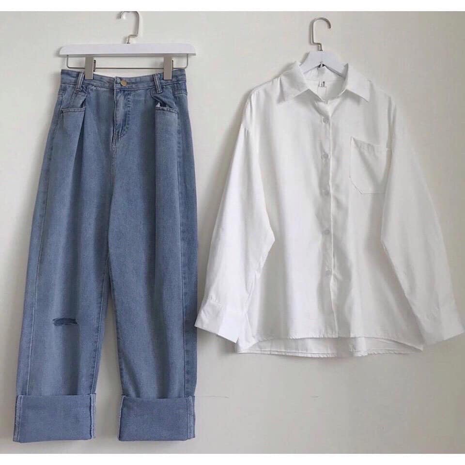 ( VIDEO KÈM ẢNH THẬT) QUẦN BAGGY JEAN, BÒ HÀN QUỐC ỐNG RỘNG GẤP GẤU RÁCH 1 VẠCH NGANG CỰC CHẤT, PHUONGMART