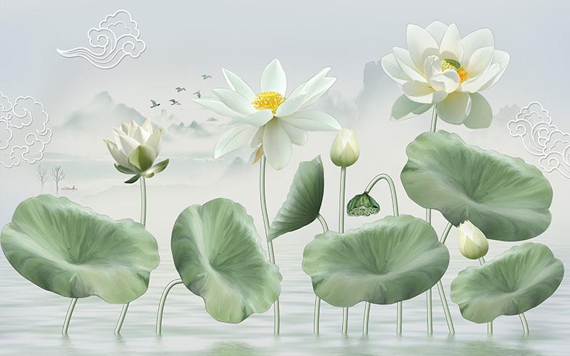 Tranh dán tường VTC Hoa sen trắng UD0810 kim sa
