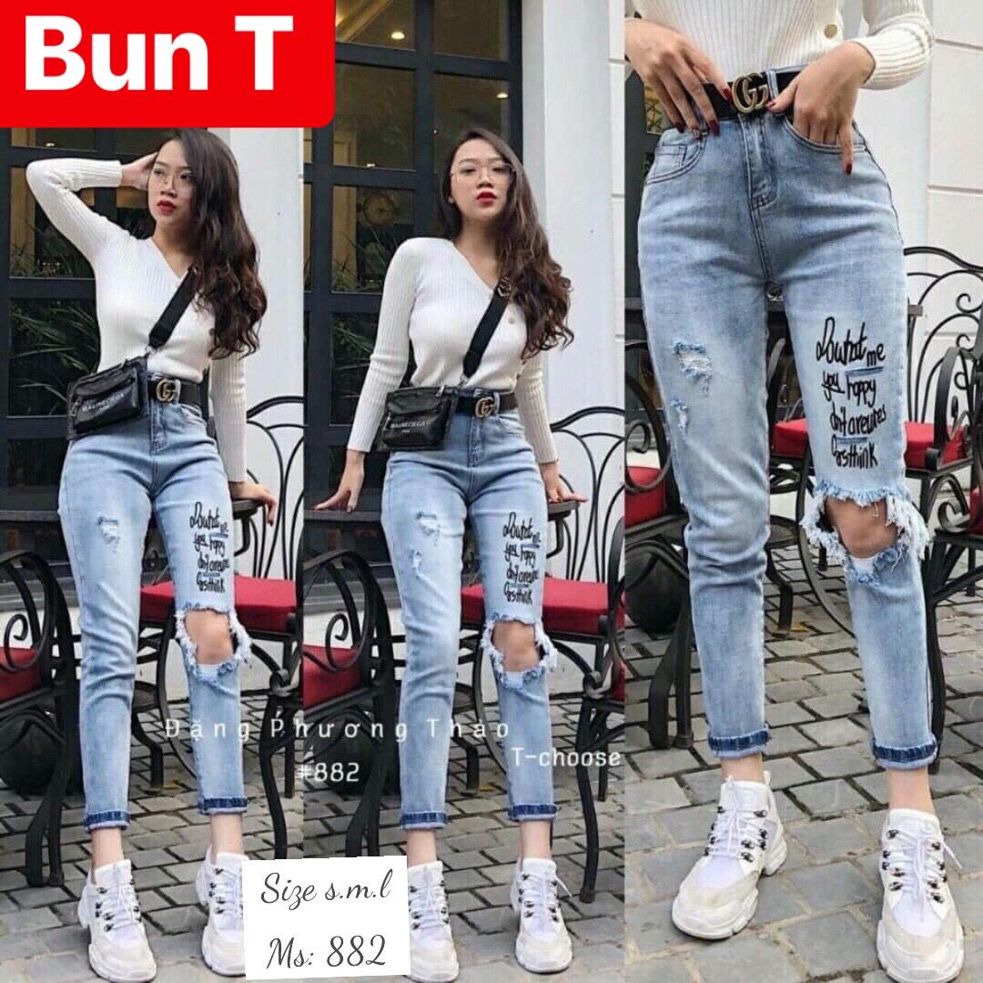 QUẦN BAGGY JEAN NỮ CHẤT BÒ XANH RÁCH IN CHỮ LƯNG CAO NÂNG MÔNG NHẬT BẢN T&T-882 - TRANGBUN FASHION