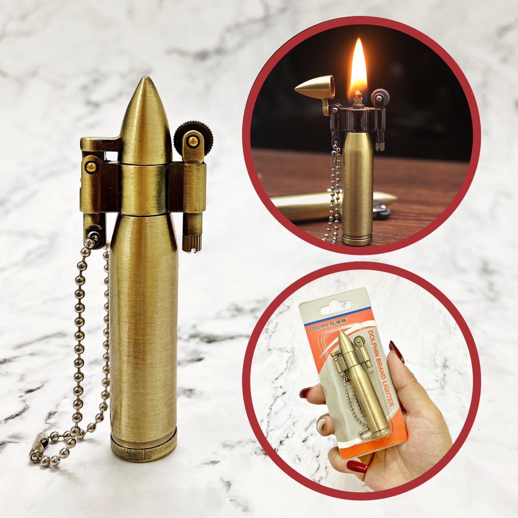 BẬT LỬA - MÓC KHÓA DOL.PHIN XĂNG ĐÁ CỔ HÌNH VIÊN ĐẠN (KIM LOẠI) - (XÀI XĂNG)