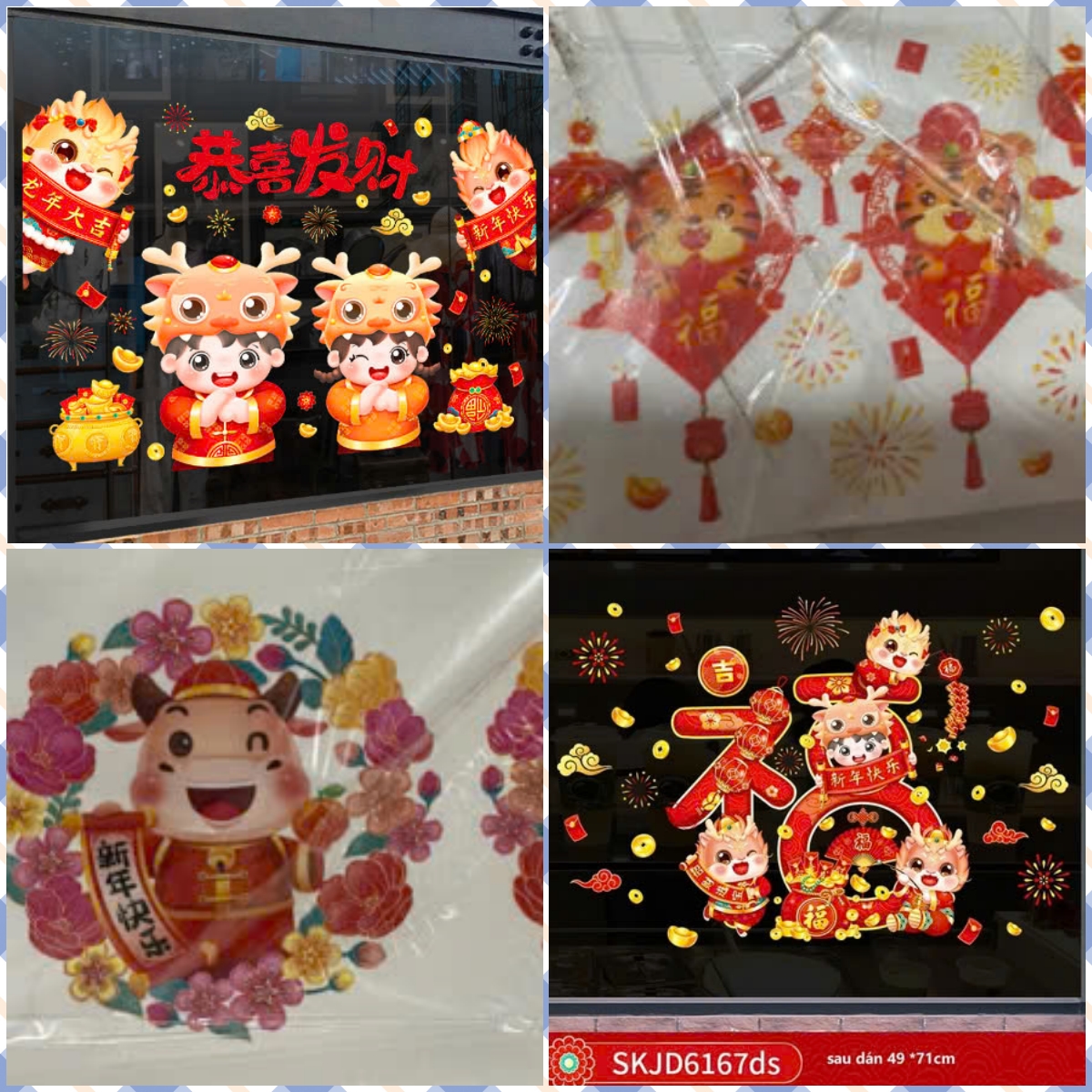 Decal Tết 2025 trang trí năm mới, dán cửa kính hai mặt , có keo hoặc tĩnh điện TRT1000