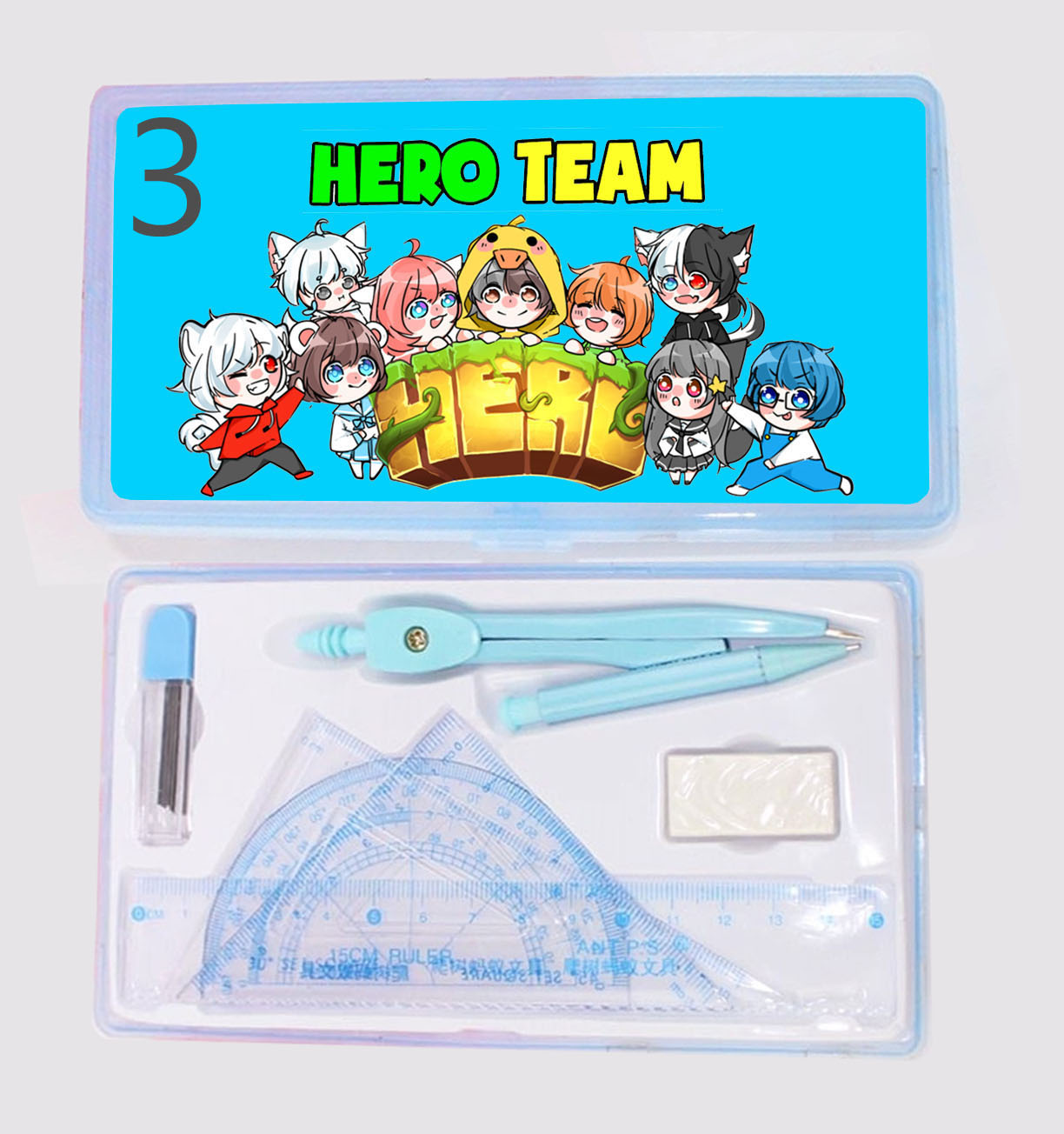 Bộ compa Hero team gồm: compa , eke , đo độ ,thước kẻ , hộp ngòi chì