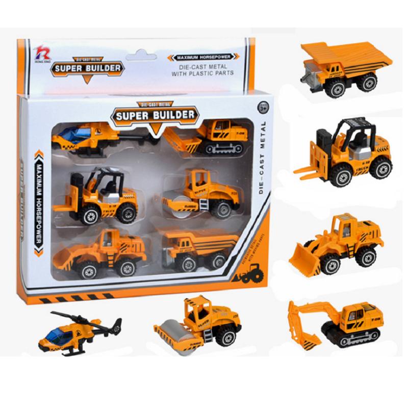 Đồ chơi trẻ em bộ 6 xe công trình Die cast tỉ lệ 1:64 xe cẩu xe tải các loại mô hình bằng hợp kim và nhựa