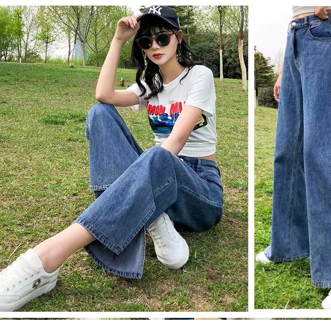 Quần Jeans Cạp Cao Ống Rộng Xẻ Gấu_J6