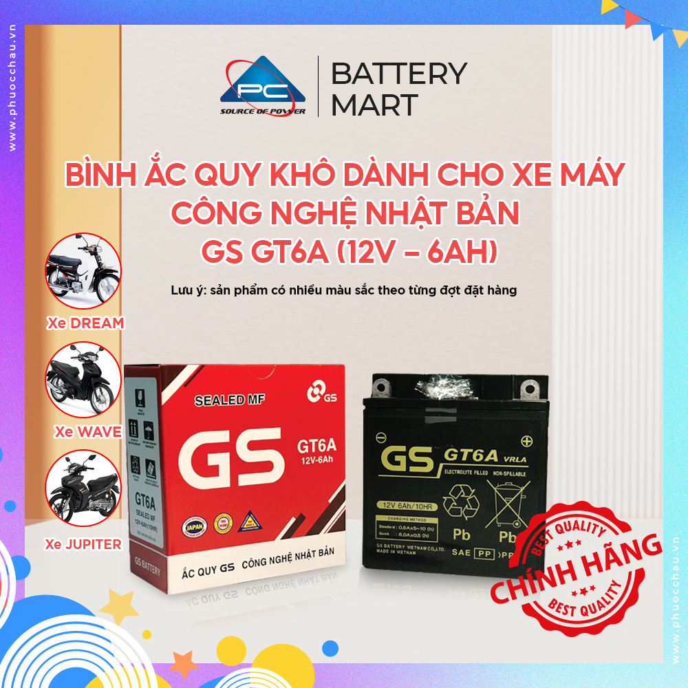 Bình ắc quy khô cho xe máy Dream Đời Đầu, Wave Đời Đầu, Future Đời Đầu, Sirius Xăng Cơ, Xe Jupiter V/R, Taurus, Mio Đời Đầu GS GT6A (12V-6AH)