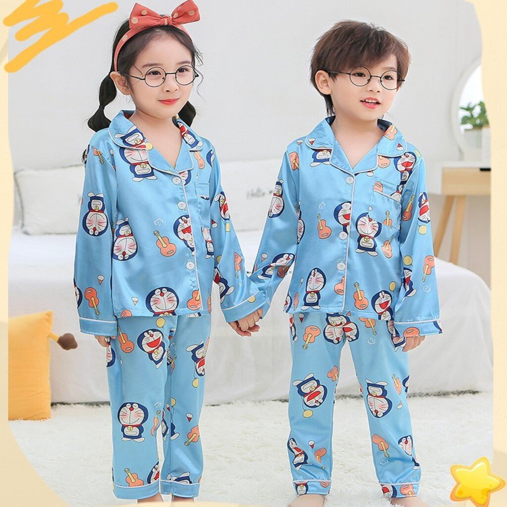 Đồ Bộ Pijama Cho Bé Trai Bé Gái, Bộ Ngủ Mặc Nhà Chất Lụa In Hình Pikachu, Đôremon Cực Yêu Cho Bé Từ 6-27kg Moon House