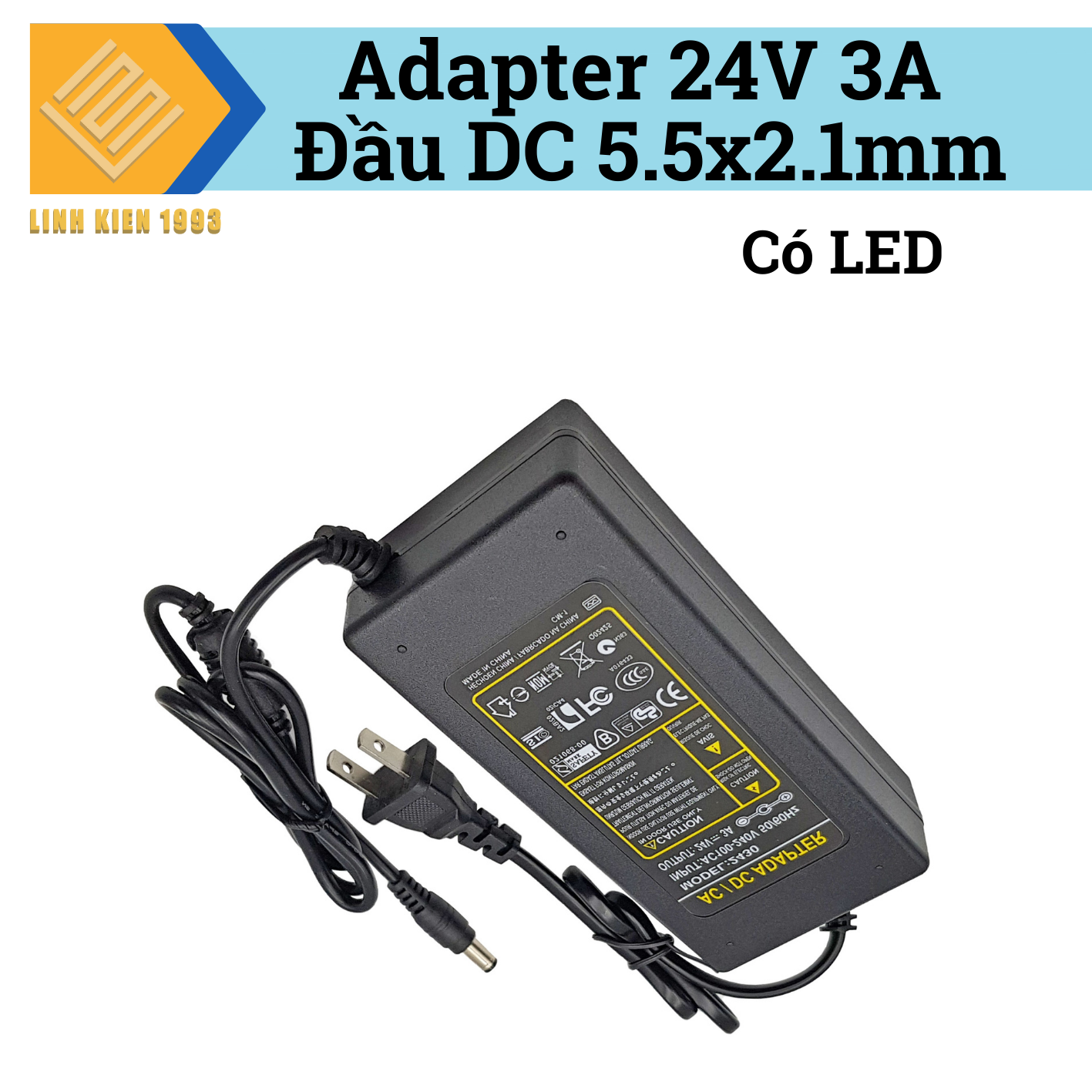Nguồn Adapter 24V 3A Đầu DC 5.5x2.1mm Có LED