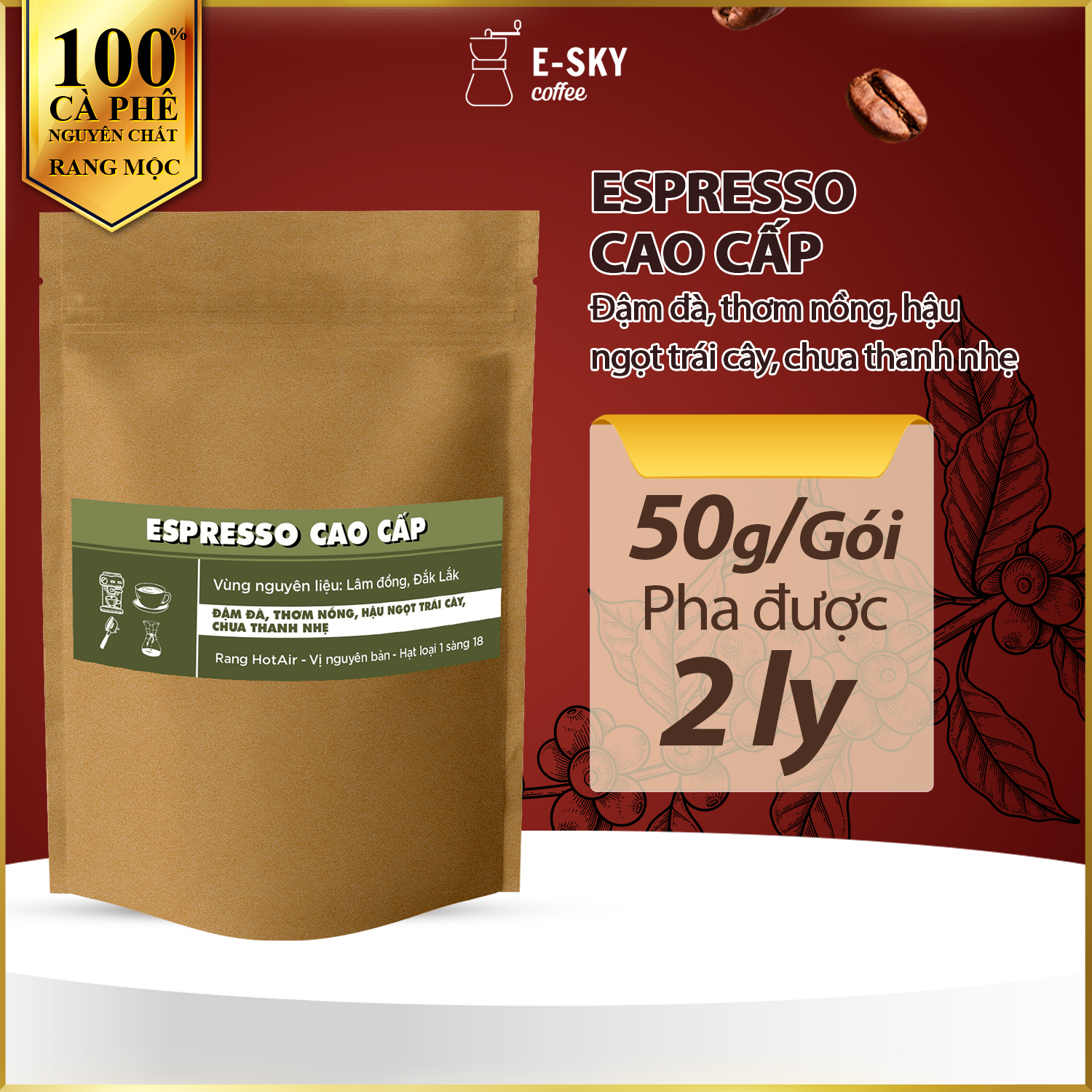 Mẫu Thử Cà Phê Rang Xay Nguyên Chất E-sky Coffee Cafe Pha Phin 50gr