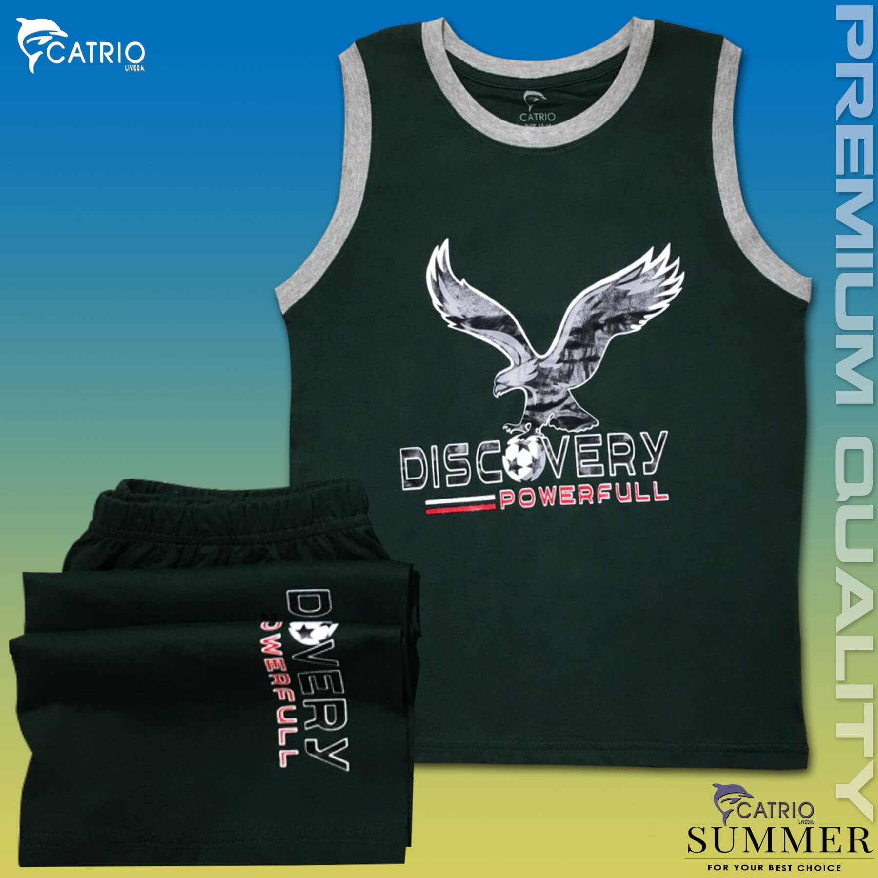 BỘ THUN BÉ TRAI CATRIO IN ĐẠI BÀNG là bộ đồ mùa hè trẻ em từ 9 tuổi 32kg đến 18 tuổi 60kg gồm QUẦN ĐÙI + ÁO SÁT NÁCH vải 100% cotton an toàn đạt chuẩn xuất khẩu thích hợp với các bé trai mặc mùa hè ở nhà đi chơi du lịch