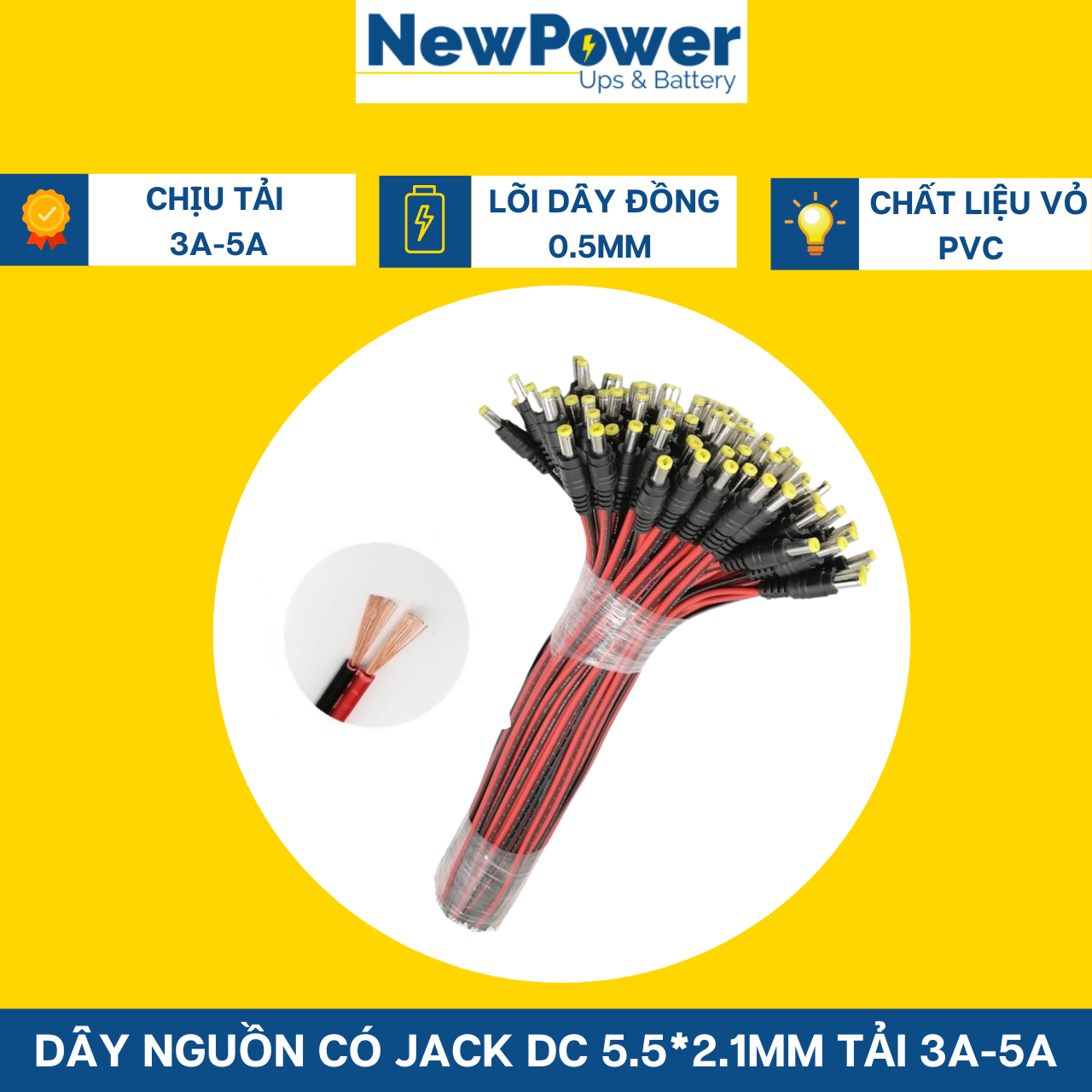 Dây nguồn có jack DC 5.5 chịu tải 3-5A (dây đực)