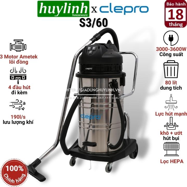 Máy hút bụi công nghiệp khô và ướt clepro s3/80 - 3 motor - 80 lít