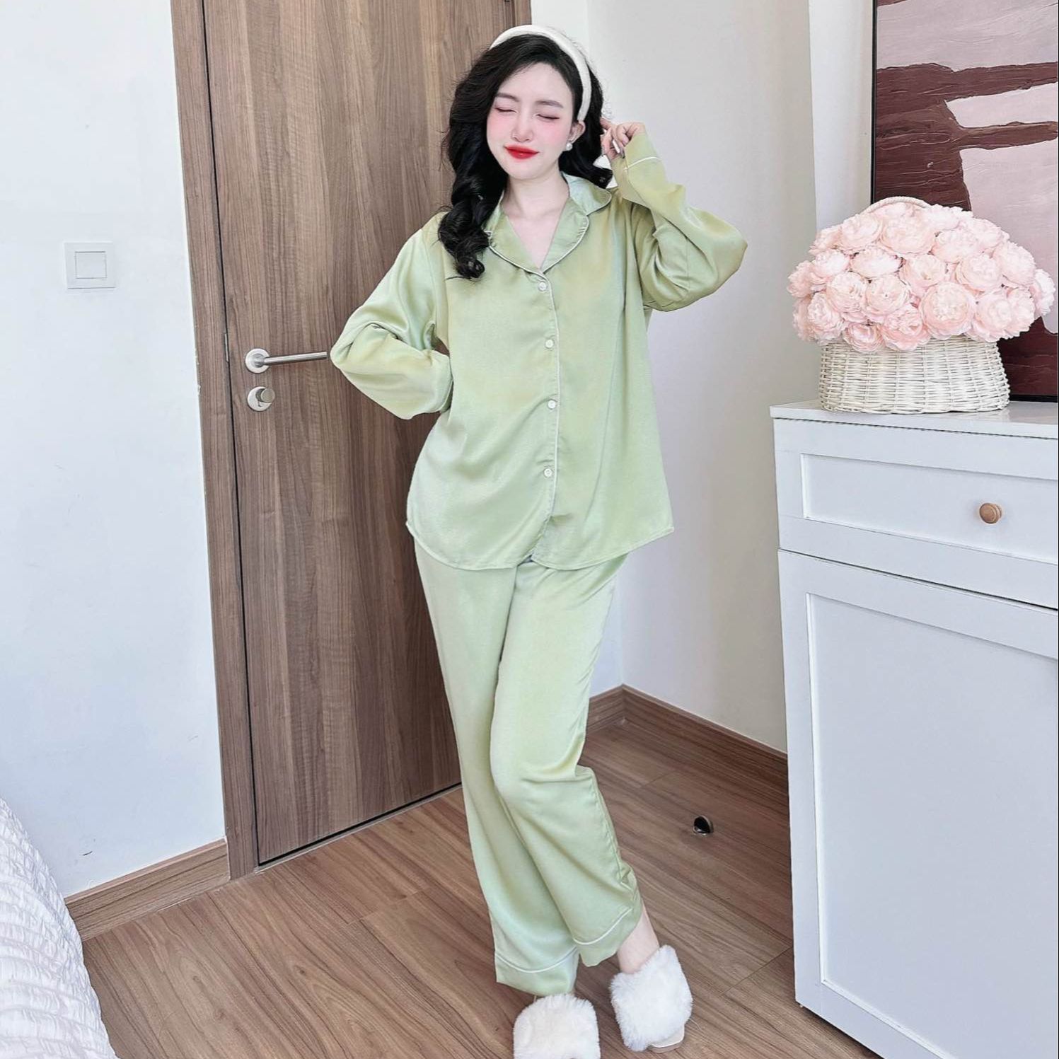 Bộ đồ ngủ pijama nữ bigsize dài lụa màu trơn cao cấp chất lụa ngọc trai mềm mịn