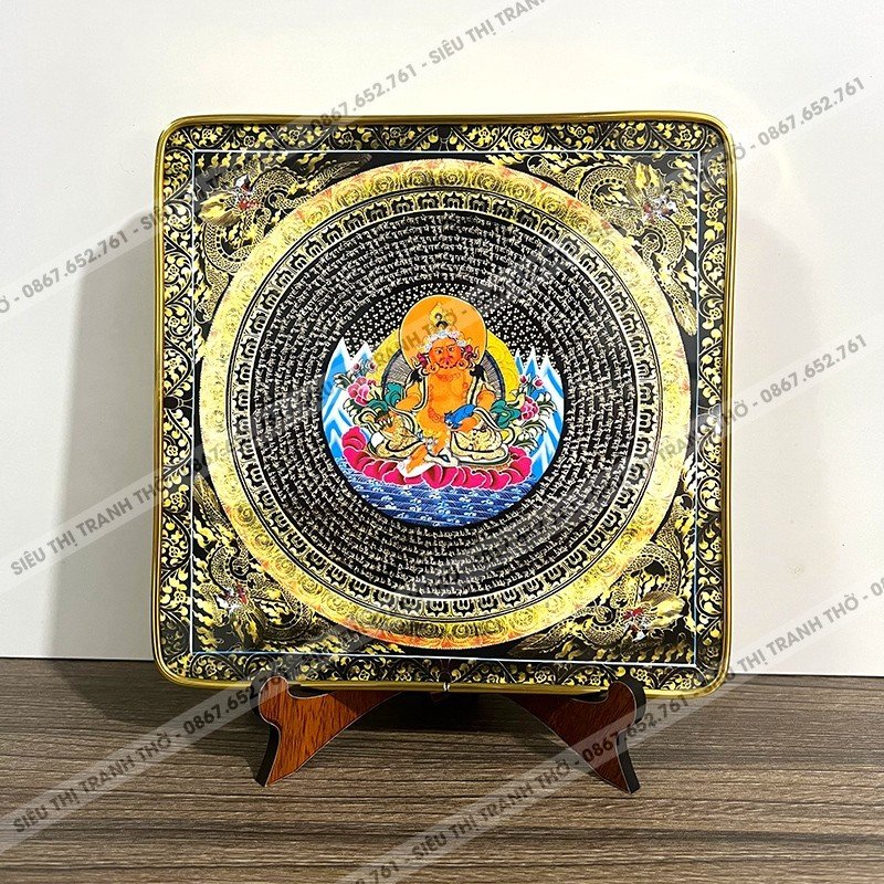 Tranh Hoàng Thần Tài để bàn 17x17cm chân gỗ, mặt mica viền vàng đồng đẹp mắt