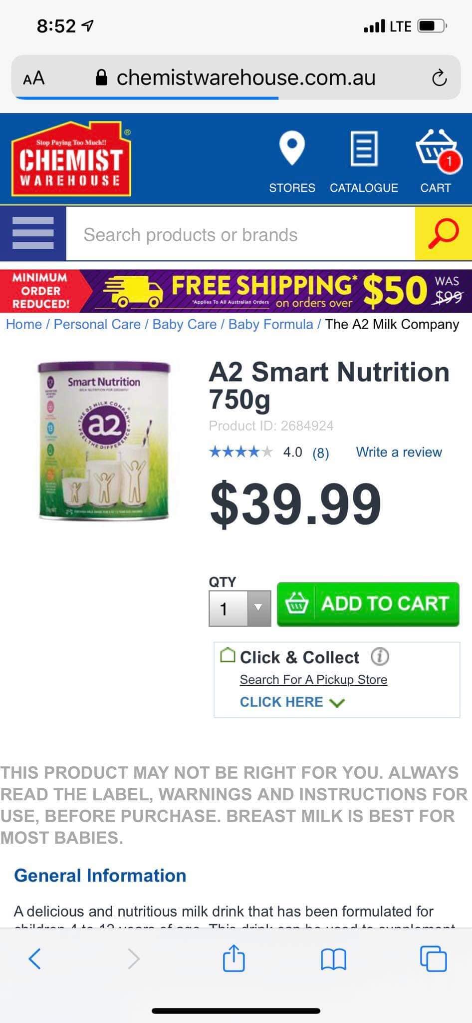 SỮA BỘT A2 SMART NUTRITION 750GR (4 -12 TUỔI)