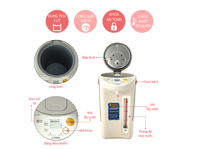 [HCM]Bình thủy điện Tiger 4 lít PDR-S40S