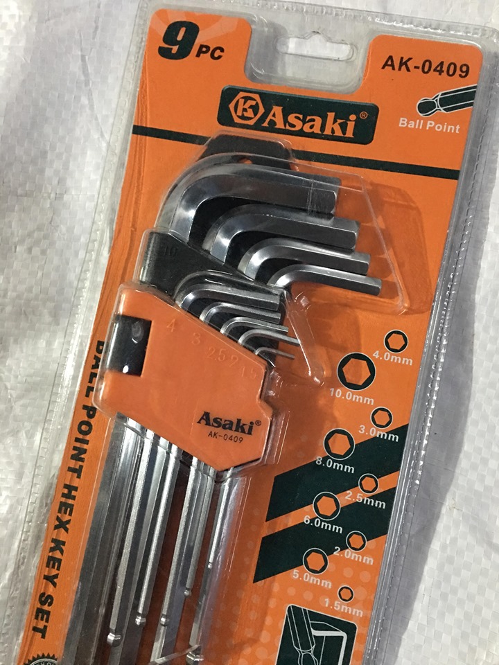Bộ lục giác đầu bi chữ l 9 cây asaki ngắn 1.5mm - 10mm