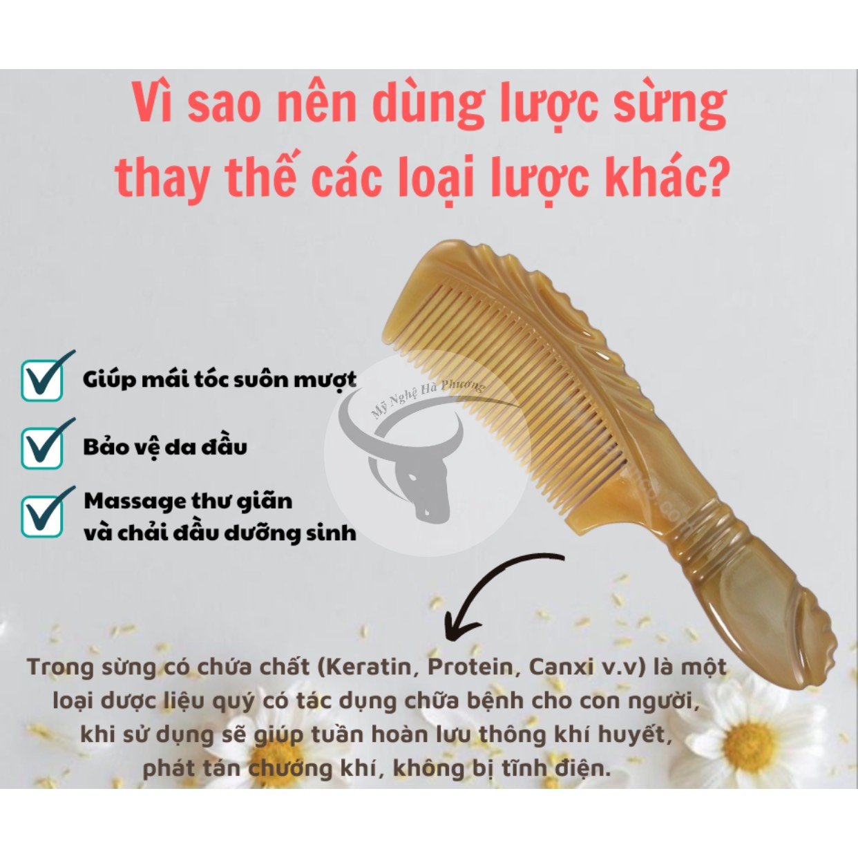 Lược sừng chuôi vát, chải tóc ngăn ngừa rụng tóc (size: L-20cm)