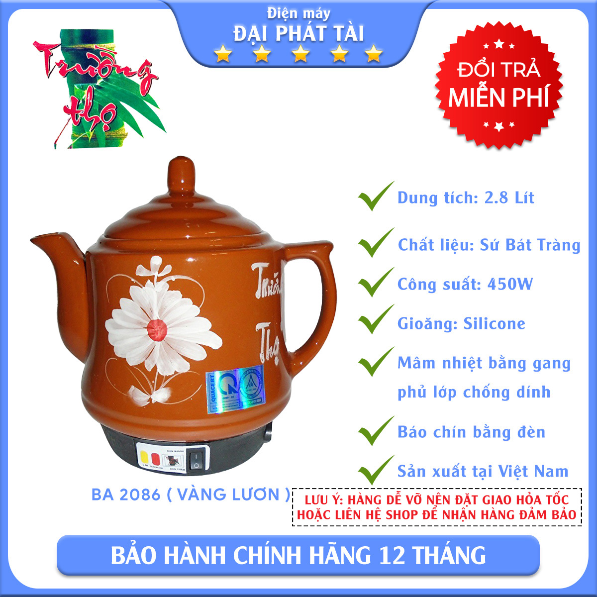 [HCM]Siêu sắc thuốc tự động Trường Thọ BA2086 (Vàng)