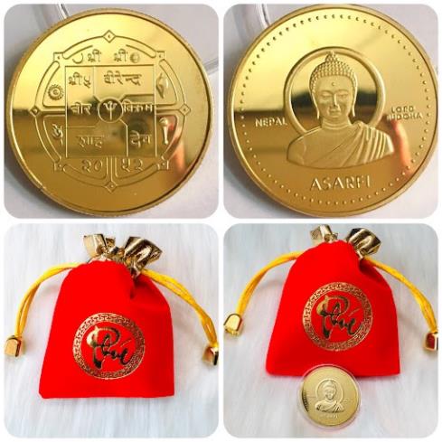 Đồng Xu Hình Phật Thích Ca của Nepal may mắn, tặng kèm túi gấm đỏ chữ PHÚC