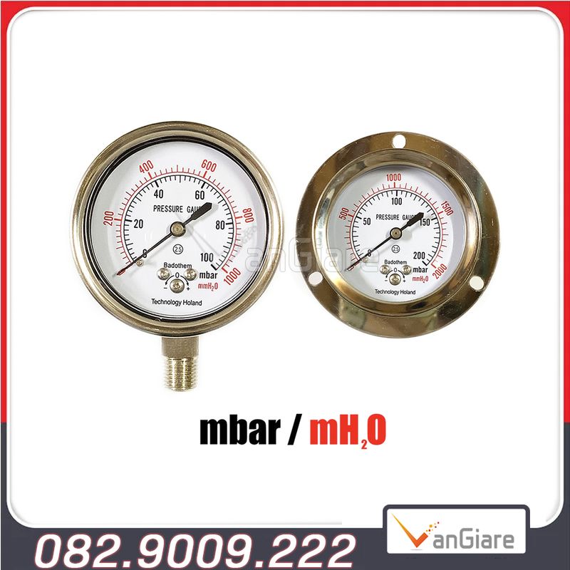 Đồng hồ đo áp suất mbar, đồng hồ đo áp suất thấp 100mbar - 500mbar, mặt 63mm, chân đứng - chân ngang, Badotherm