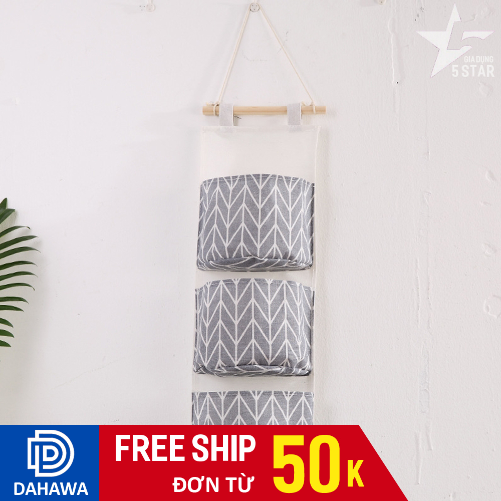 Túi, giỏ vải treo tường dùng đựng đồ, dụng cụ gia đình siêu đa năng 3 tầng có móc treo và khung gỗ chắc chắn