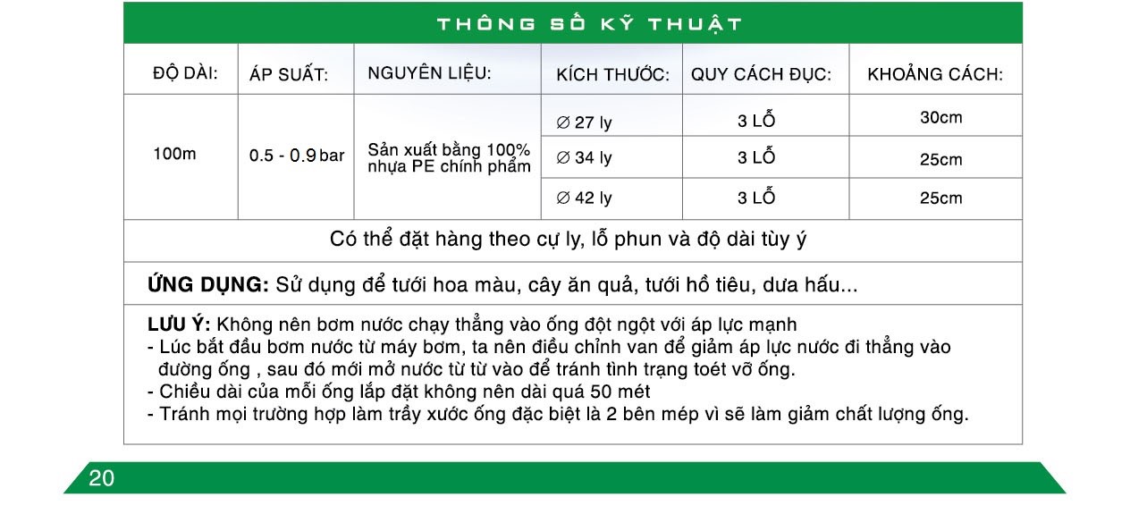 ỐNG TƯỚI DẸP PHUN MƯA PHI 42MM, CHIỀU DÀI 100M (ỐNG AVA ĐỤC 3 LỖ)