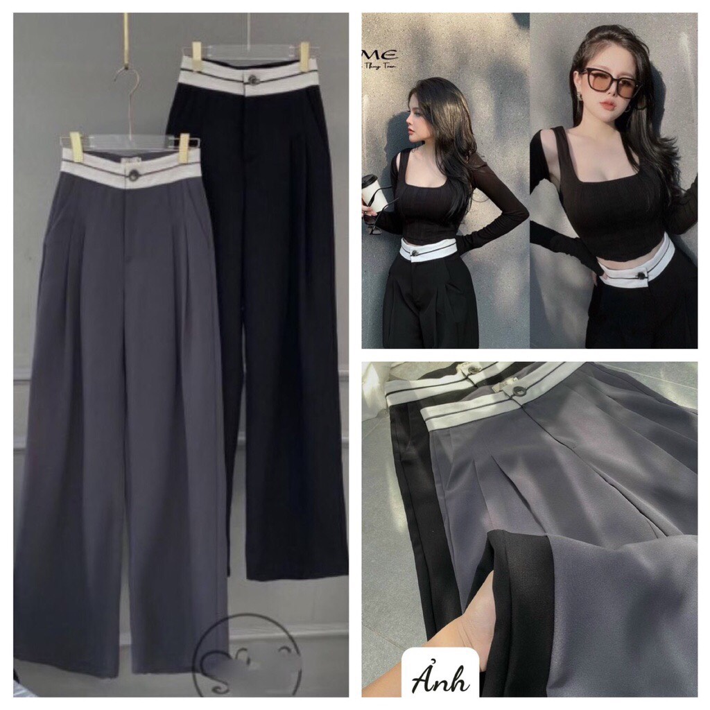 Quần ống rộng phối cạp cạp đen trắng lưng cao dài 100cm m06