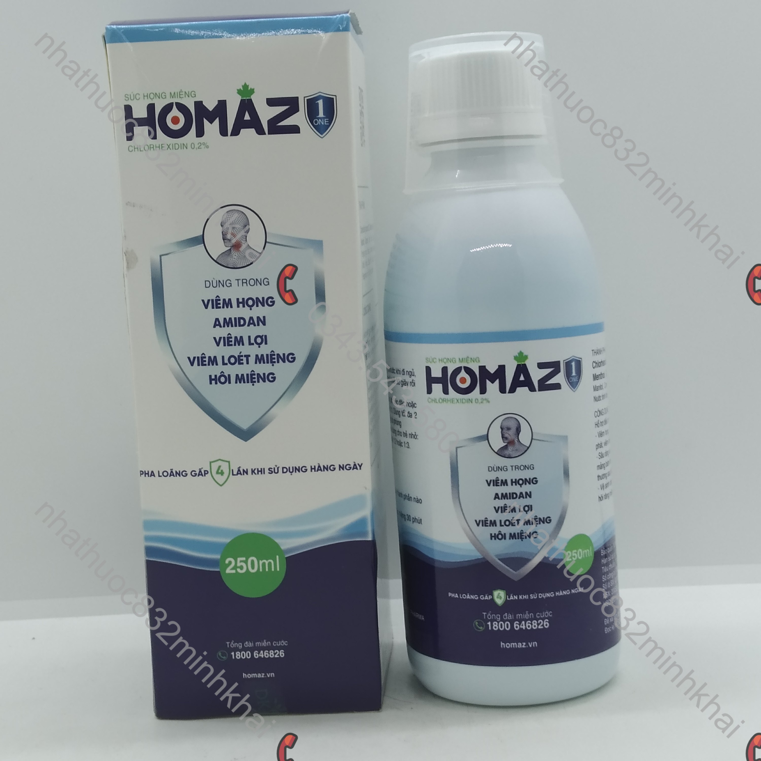 Nước súc họng miệng HOMAZ ONE chai 250ml - Dùng trong viêm họng, amidan, viêm lợi, viêm loét miệng, hôi miệng