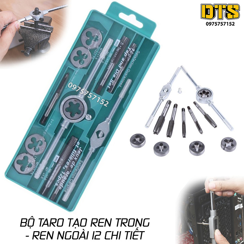 Bộ taro tạo ren trong - ren ngoài 12 chi tiết thép hợp kim cứng, độ bền cao, tay quay taro tạo ren trong ngoài DTS, bộ ta rô tạo ren