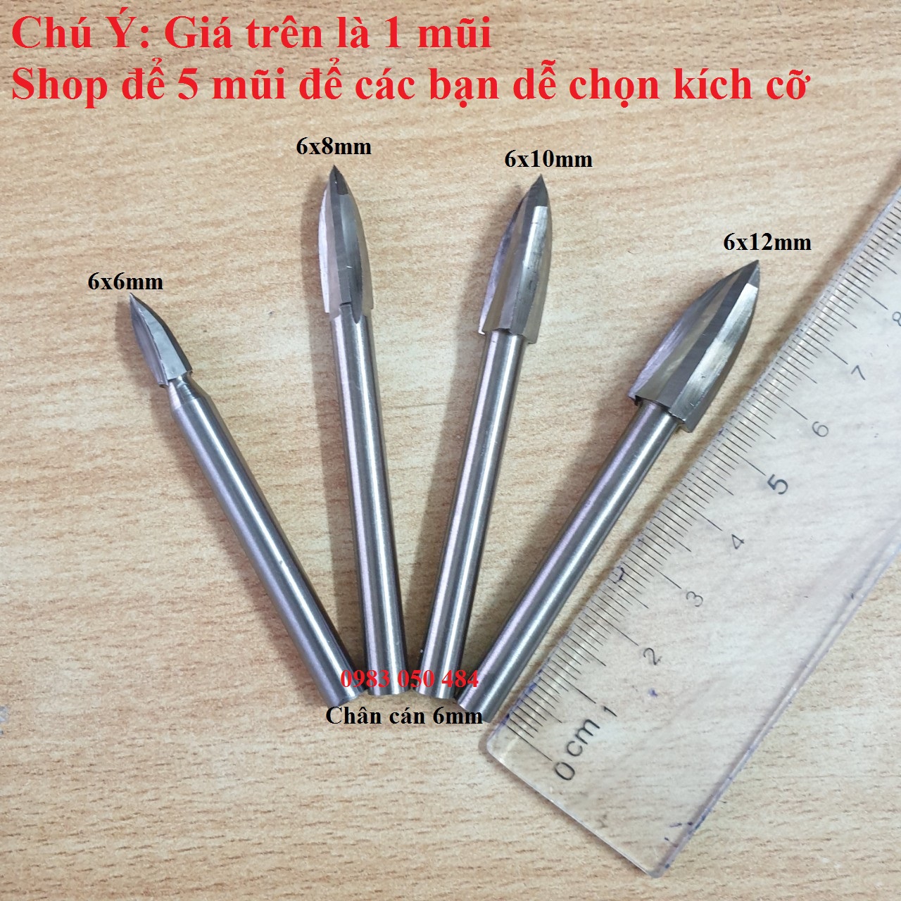 Mũi phá gỗ 3 cạnh - mũi điêu khắc gỗ - mũi phay gỗ cán 6mm đầu tự chọn(giá trên là 1 mũi)