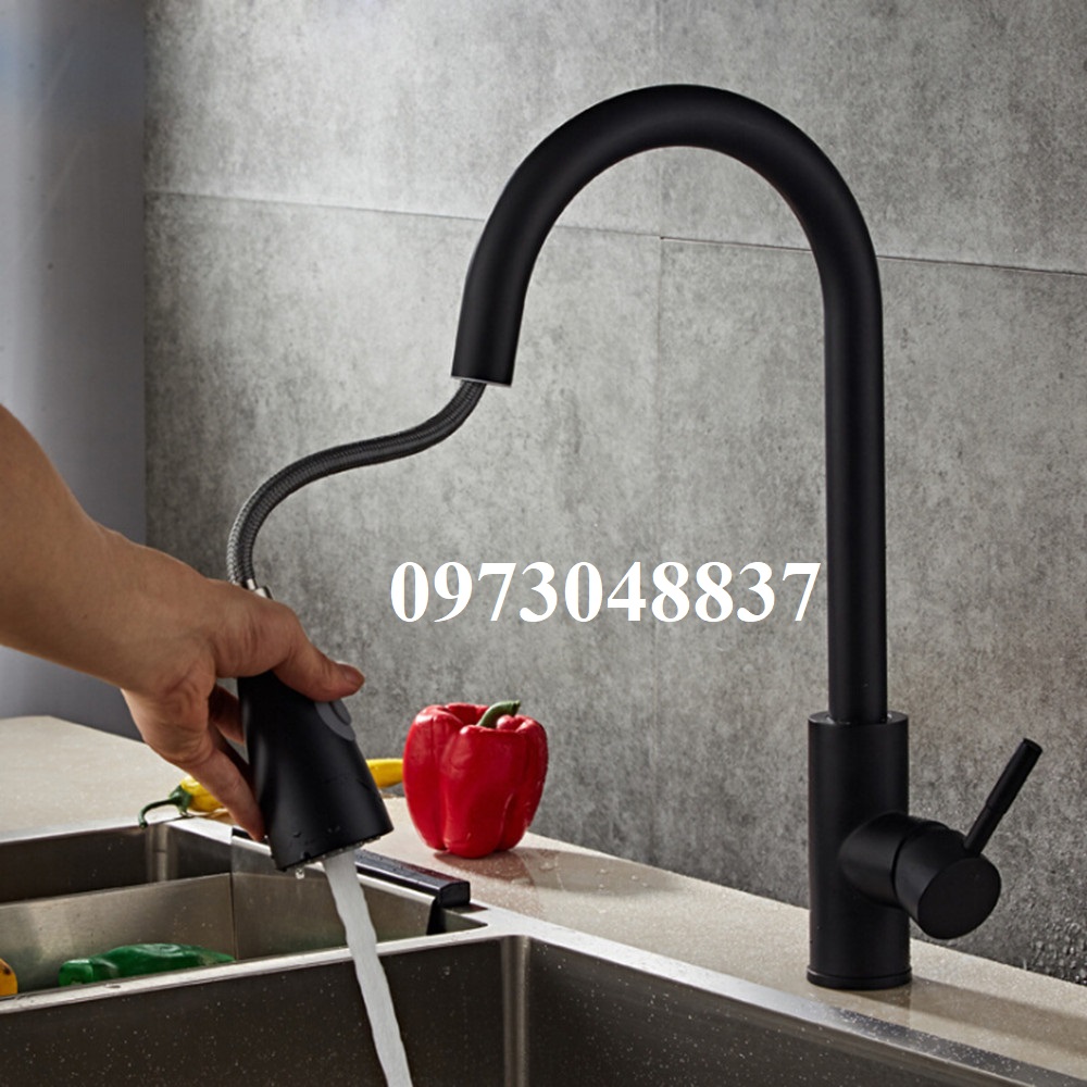 Vòi rửa chén bát nóng lạnh dây rút màu đen Nano