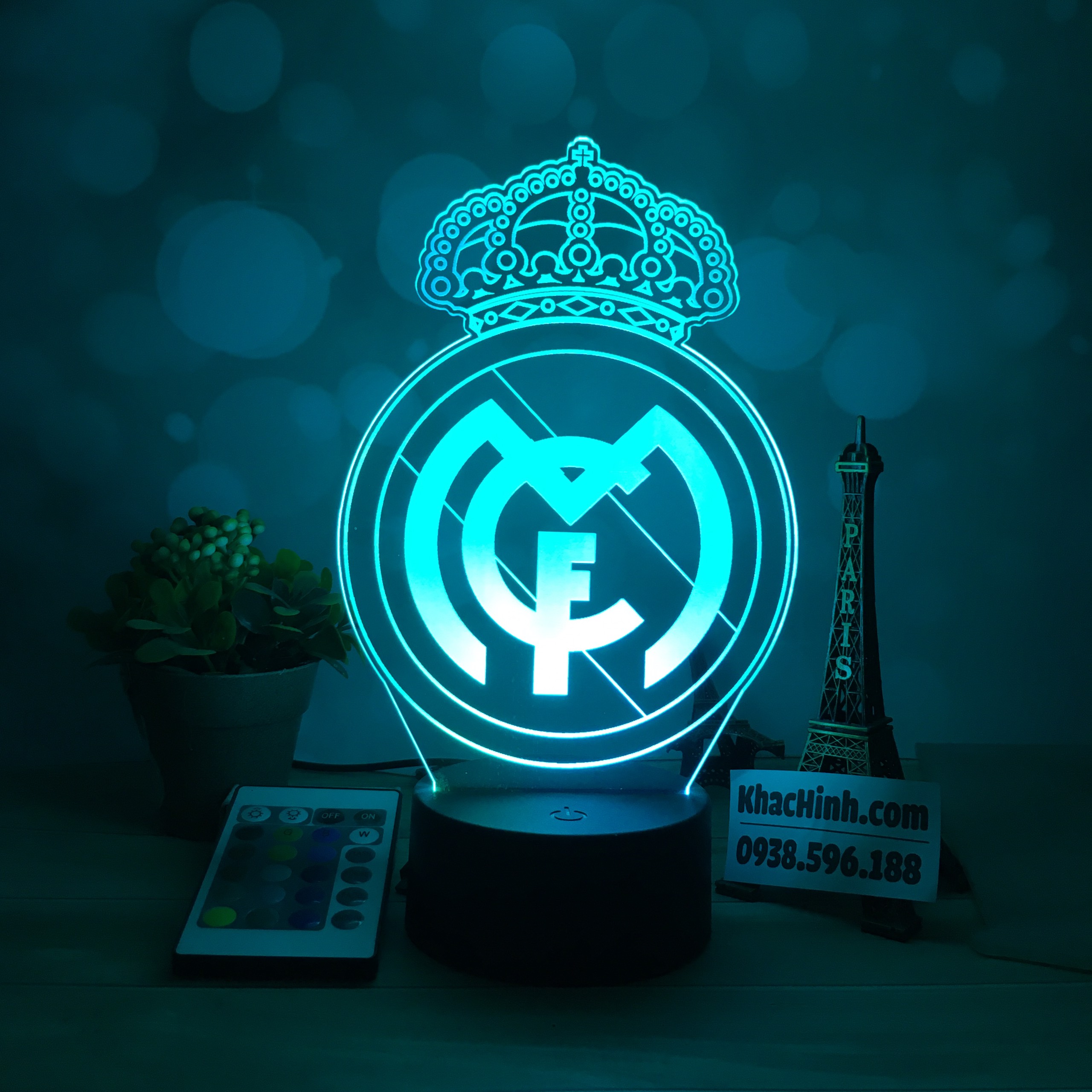 Đèn led 16 màu Hình CLB BÓNG ĐÁ REAL MADRID - Qùa tặng, đèn trang trí, đèn để bàn, đèn phòng ngủ, thiết kế cắt khắc theo yêu cầu