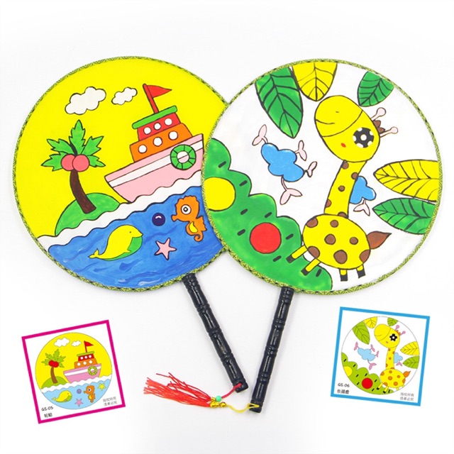 Quạt vải lụa tròn có in hình 24 cm cho bé tô màu, quạt tròn