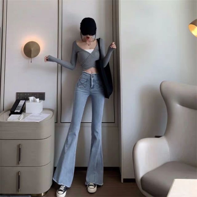 QUẦN JEANS ỐNG LOE LƯNG CAO XANH CÁ TÍNH