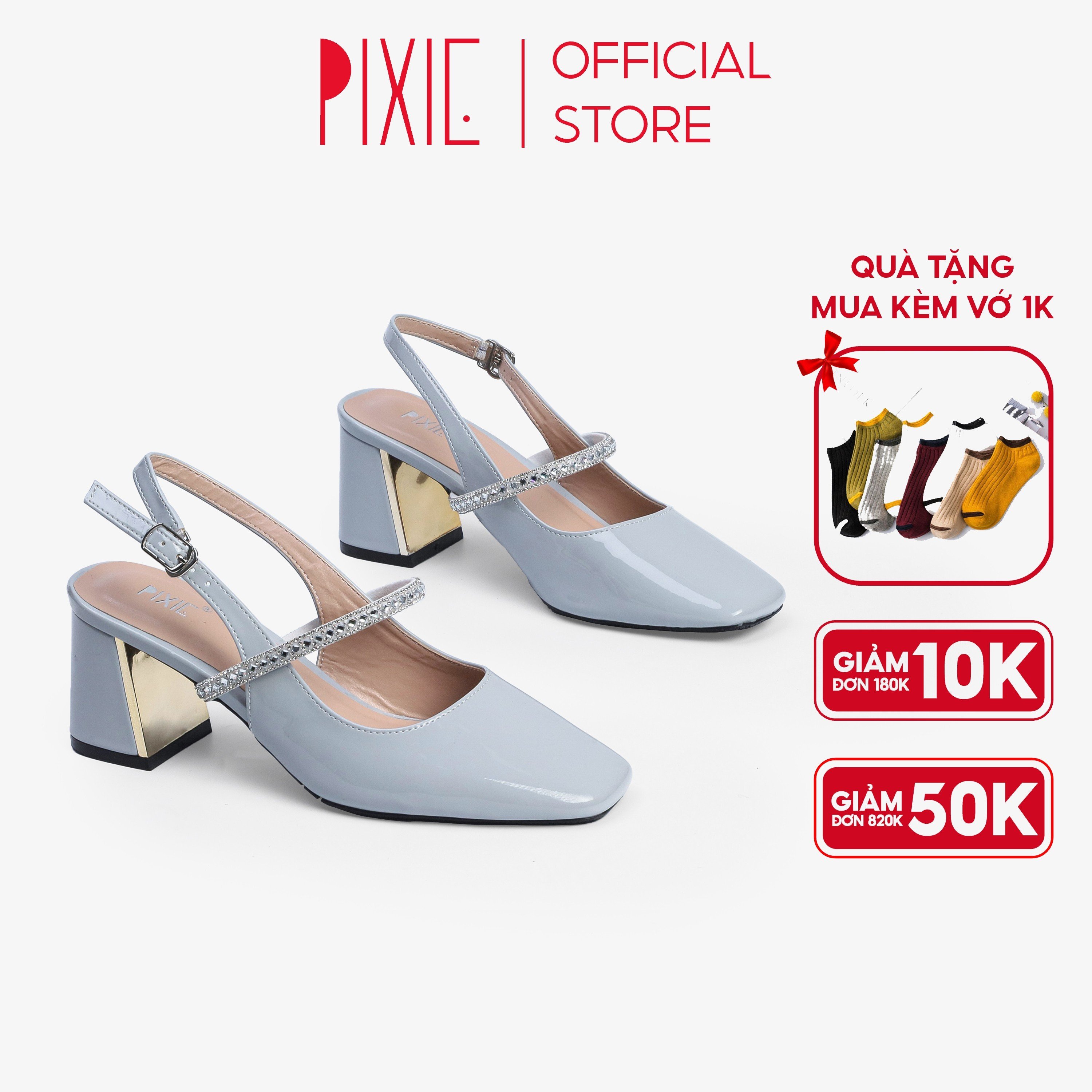 Giày Cao Gót 6cm Quai Ngang Đính Đá Mũi Vuông Pixie H091