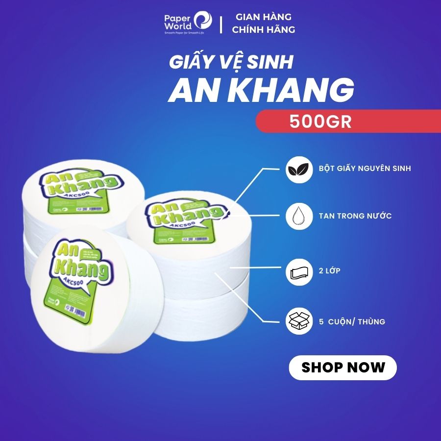 Combo 5 giấy vệ sinh cuộn lớn 2 lớp 500g AN KHANG AKC500 | THẾ GIỚI GIẤY | 100% bột giấy nguyên sinh | giấy vệ sinh tan nhanh trong nước