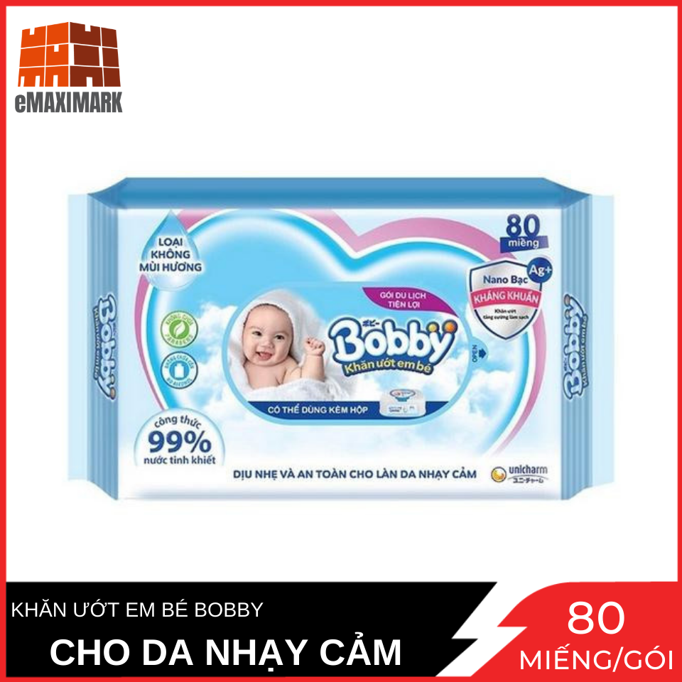 Khăn ướt bobby không mùi nano bạc gói 80 miếng