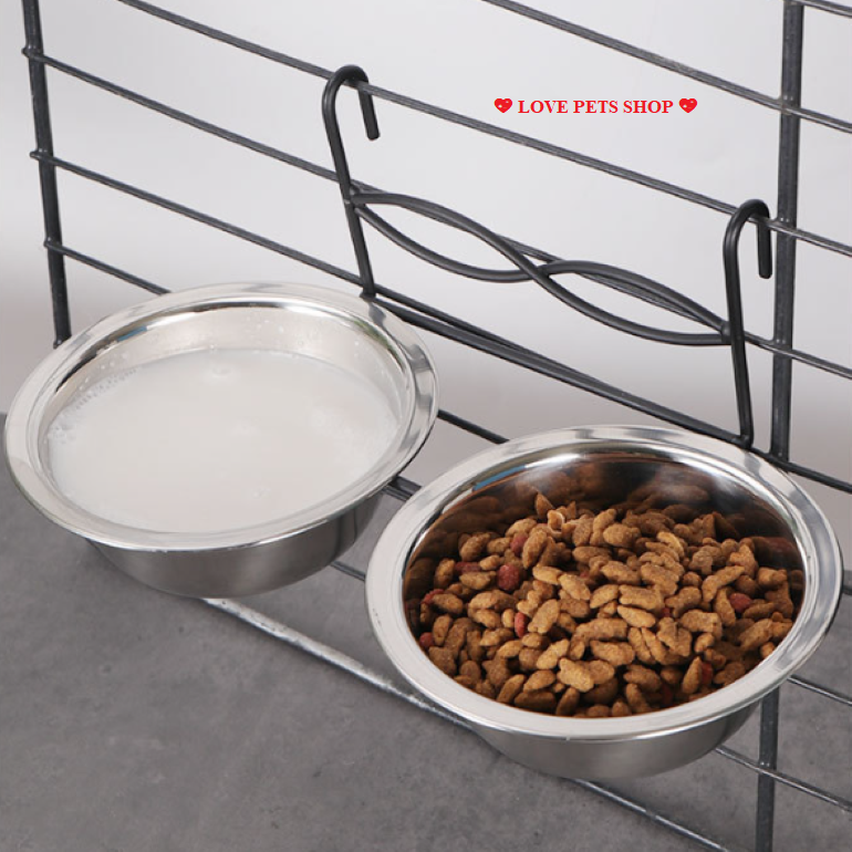 Chén gắn chuồng cho Chó Mèo bằng Inox có giá đỡ - Love Pets Shop