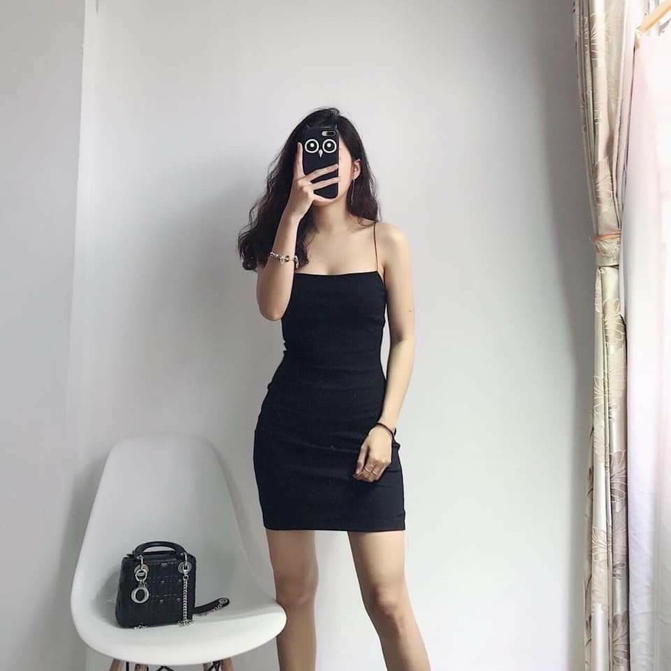 Đầm - Váy Ôm Body Hai Dây Sợi Bún Màu Đen