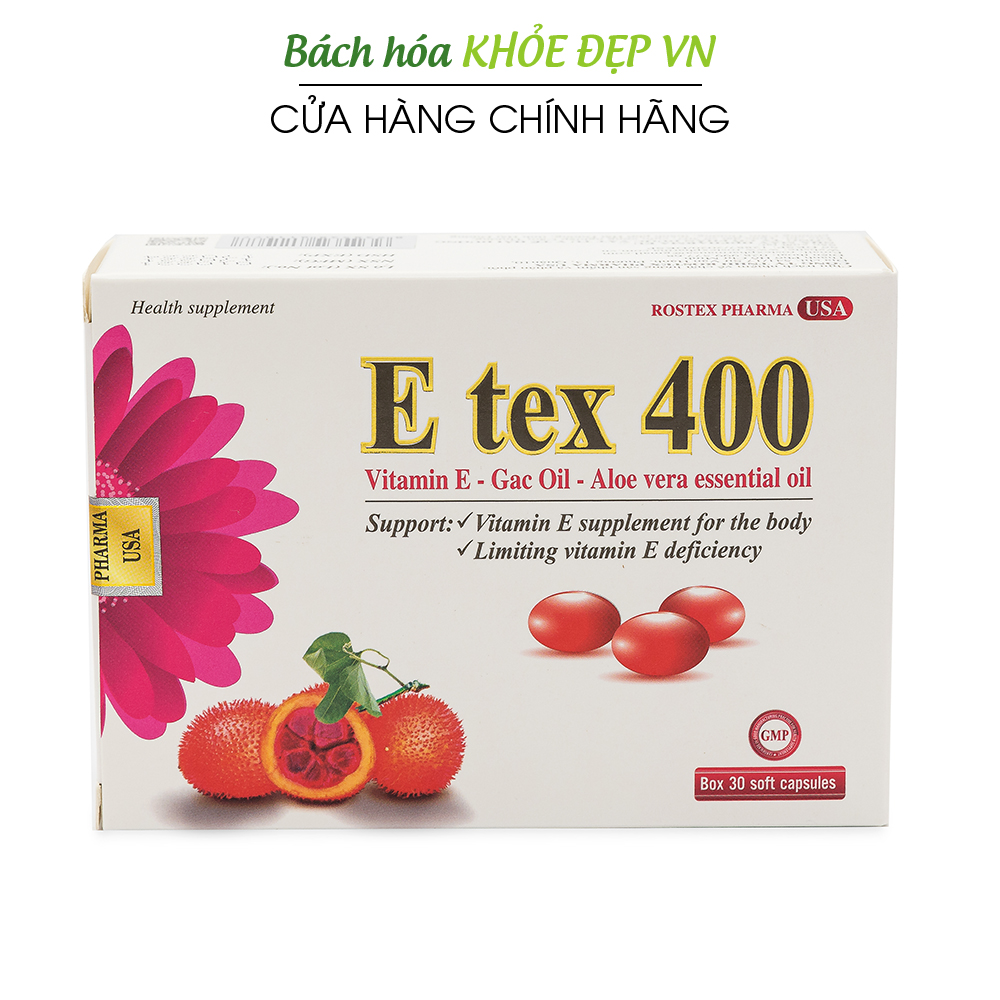 Viên uống đẹp da Vitamin E Đỏ, dầu gấc, tinh dầu lô hội E Tex 400 giảm nám sạm da, chống lão hóa - Hộp 30 viên