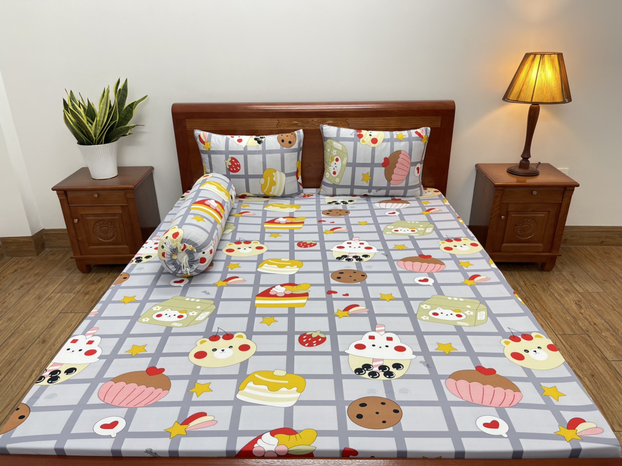 Bộ ga giường, Drap nệm Thun Lạnh Hàn Quốc 4 món họa tiết Hoạt hình