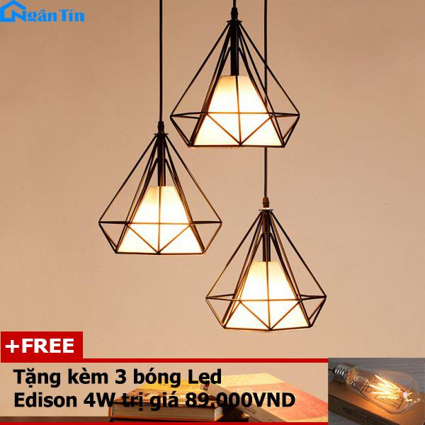 Bộ 3 đèn thả trần trang trí kim cương chung một đế tròn THCN09 (Tặng kèm 3 bóng đèn Led Edison 4W)