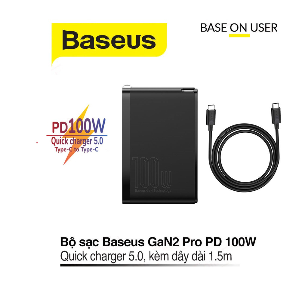 Bộ sạc nhanh pd 100w baseus gan2 pro chân dẹt 1 cổng type-c kèm dây type-c to type-c dài 1.5m - midas store