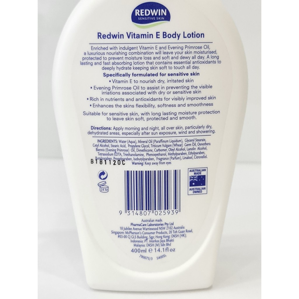 Sữa Dưỡng Da Redwin Vitamin E Cream Chai Vòi 400ml Úc